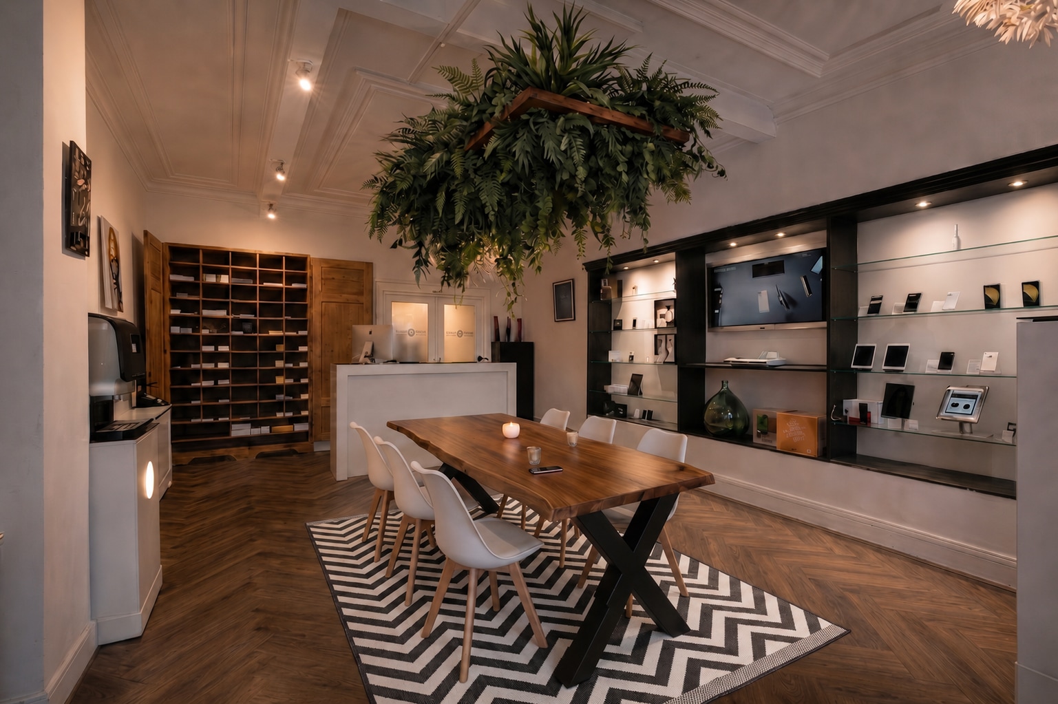Boutique Reparatiewinkel, hoge plafonds met hangende plant boven eettafel en productdisplays