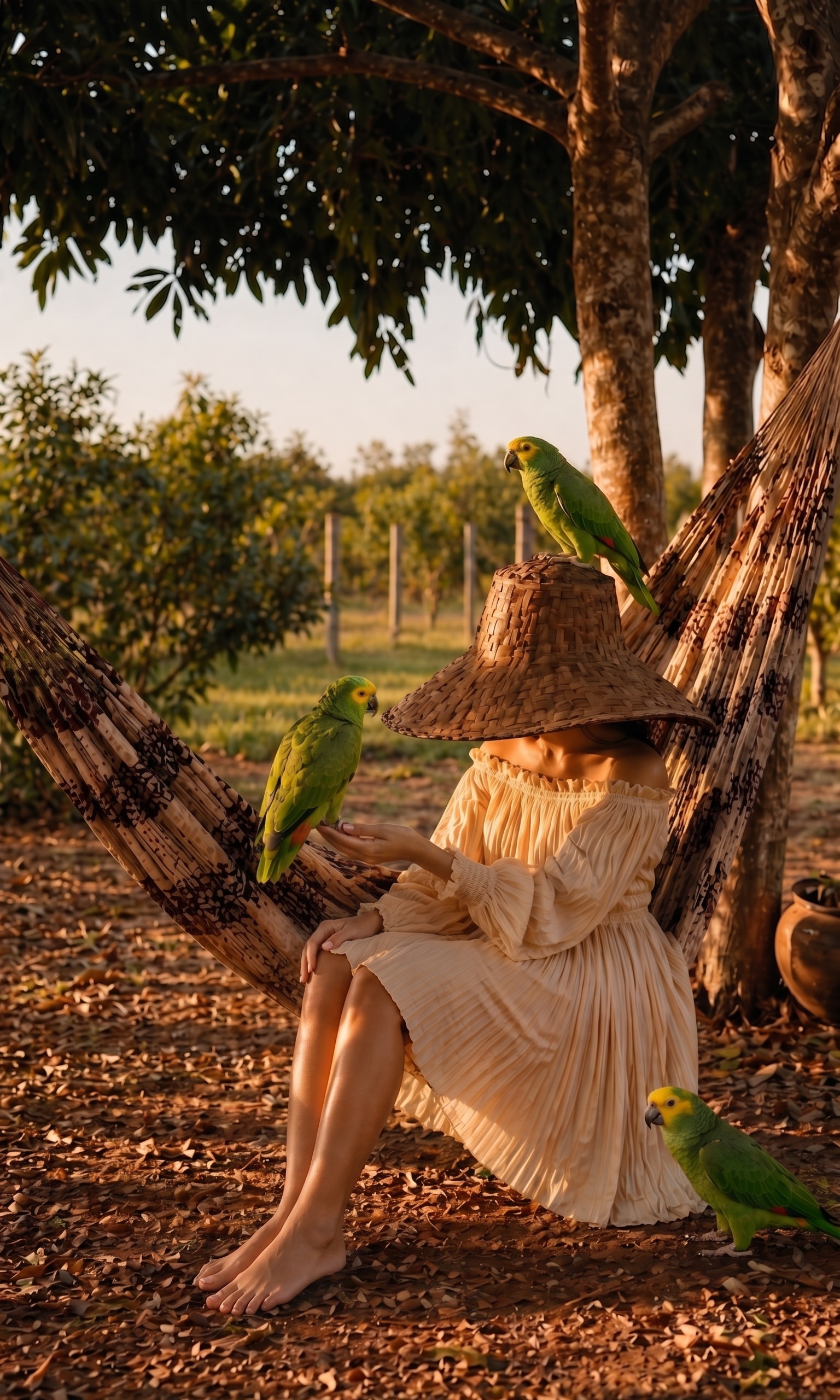 Hangmat onder de mangoboom, omringd door papegaaien — Braziliaans platteland